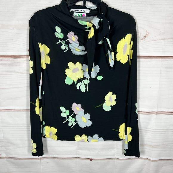 Bernadette Tops - Bernadette Top Womens EU 40 US 8 Black Floral Knit Blouse Tie Neck Long Sleeve